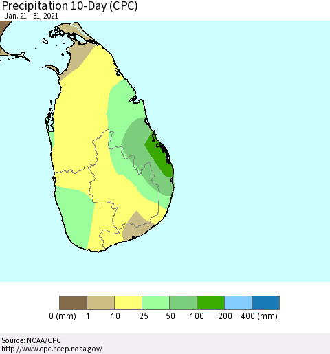 Sri Lanka Precipitation 10-Day (CPC) Thematic Map For 1/21/2021 - 1/31/2021