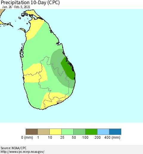 Sri Lanka Precipitation 10-Day (CPC) Thematic Map For 1/26/2021 - 2/5/2021