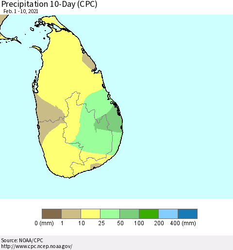 Sri Lanka Precipitation 10-Day (CPC) Thematic Map For 2/1/2021 - 2/10/2021