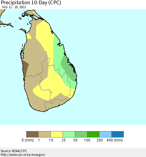 Sri Lanka Precipitation 10-Day (CPC) Thematic Map For 2/11/2021 - 2/20/2021