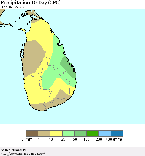 Sri Lanka Precipitation 10-Day (CPC) Thematic Map For 2/16/2021 - 2/25/2021