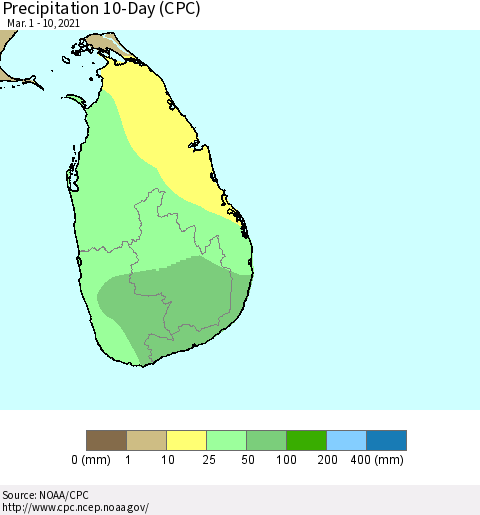 Sri Lanka Precipitation 10-Day (CPC) Thematic Map For 3/1/2021 - 3/10/2021
