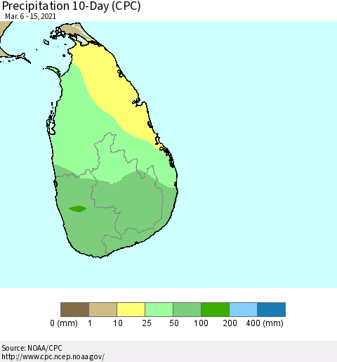 Sri Lanka Precipitation 10-Day (CPC) Thematic Map For 3/6/2021 - 3/15/2021