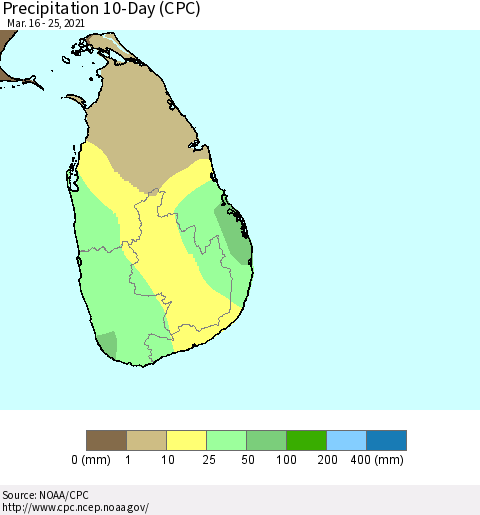 Sri Lanka Precipitation 10-Day (CPC) Thematic Map For 3/16/2021 - 3/25/2021