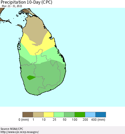 Sri Lanka Precipitation 10-Day (CPC) Thematic Map For 3/21/2021 - 3/31/2021
