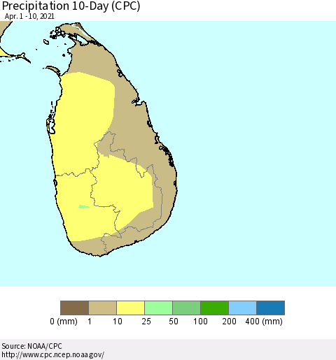 Sri Lanka Precipitation 10-Day (CPC) Thematic Map For 4/1/2021 - 4/10/2021