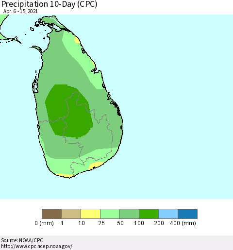 Sri Lanka Precipitation 10-Day (CPC) Thematic Map For 4/6/2021 - 4/15/2021