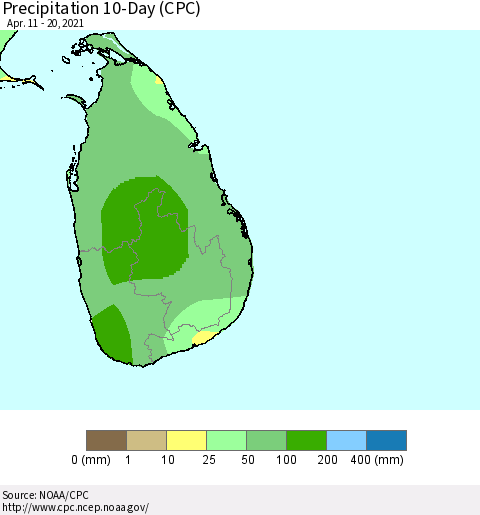 Sri Lanka Precipitation 10-Day (CPC) Thematic Map For 4/11/2021 - 4/20/2021