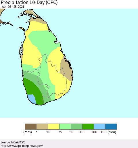 Sri Lanka Precipitation 10-Day (CPC) Thematic Map For 4/16/2021 - 4/25/2021