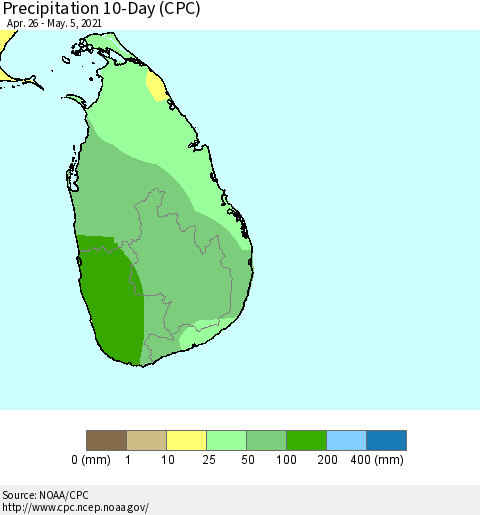 Sri Lanka Precipitation 10-Day (CPC) Thematic Map For 4/26/2021 - 5/5/2021