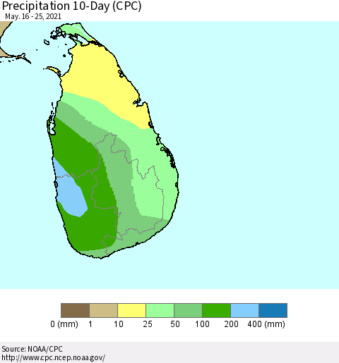 Sri Lanka Precipitation 10-Day (CPC) Thematic Map For 5/16/2021 - 5/25/2021
