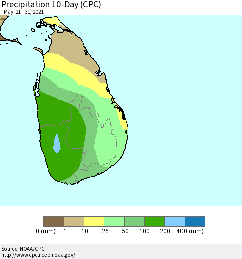 Sri Lanka Precipitation 10-Day (CPC) Thematic Map For 5/21/2021 - 5/31/2021