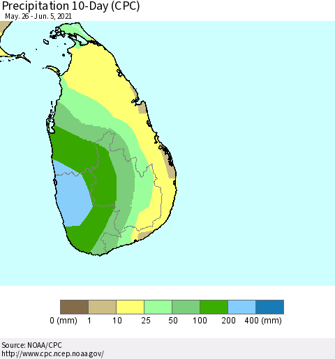 Sri Lanka Precipitation 10-Day (CPC) Thematic Map For 5/26/2021 - 6/5/2021