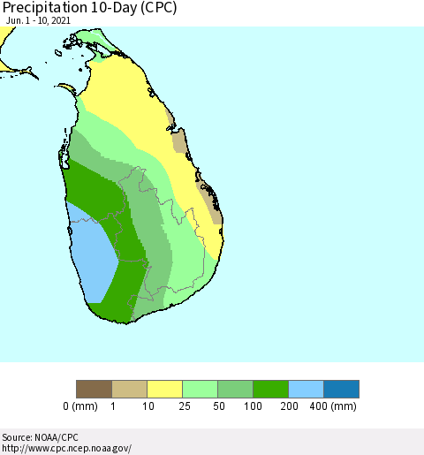 Sri Lanka Precipitation 10-Day (CPC) Thematic Map For 6/1/2021 - 6/10/2021
