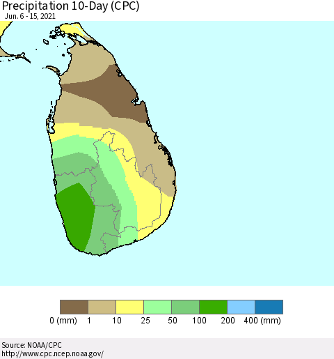Sri Lanka Precipitation 10-Day (CPC) Thematic Map For 6/6/2021 - 6/15/2021