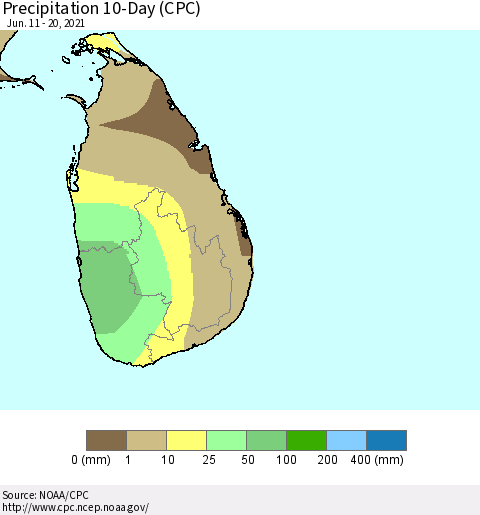 Sri Lanka Precipitation 10-Day (CPC) Thematic Map For 6/11/2021 - 6/20/2021