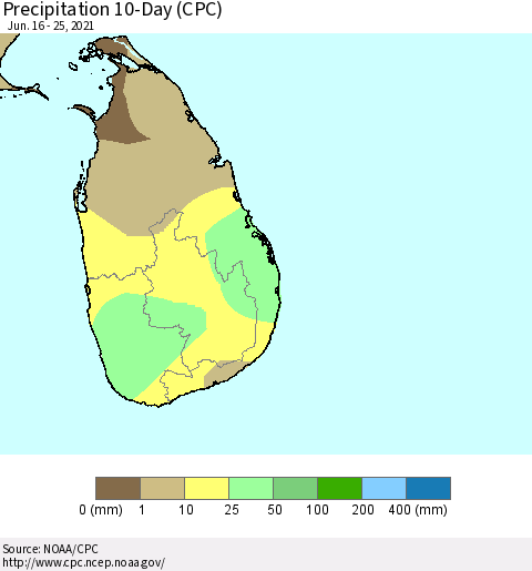 Sri Lanka Precipitation 10-Day (CPC) Thematic Map For 6/16/2021 - 6/25/2021