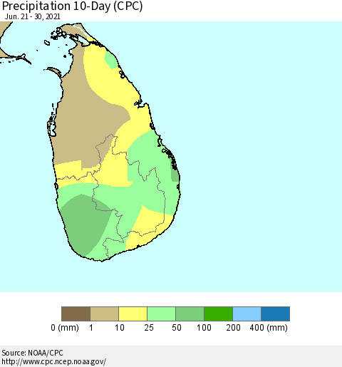 Sri Lanka Precipitation 10-Day (CPC) Thematic Map For 6/21/2021 - 6/30/2021