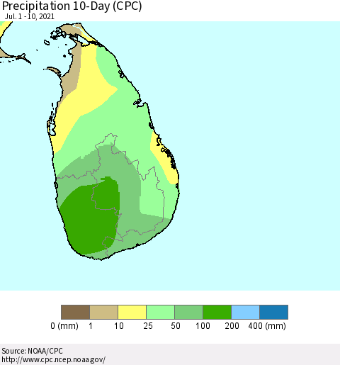 Sri Lanka Precipitation 10-Day (CPC) Thematic Map For 7/1/2021 - 7/10/2021