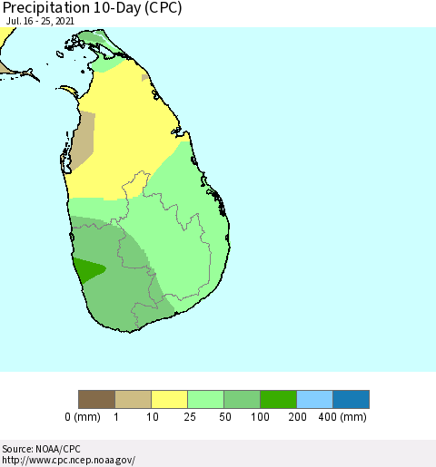 Sri Lanka Precipitation 10-Day (CPC) Thematic Map For 7/16/2021 - 7/25/2021