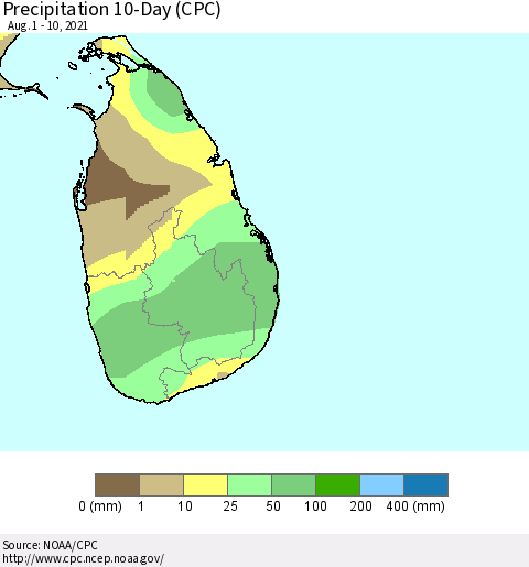 Sri Lanka Precipitation 10-Day (CPC) Thematic Map For 8/1/2021 - 8/10/2021