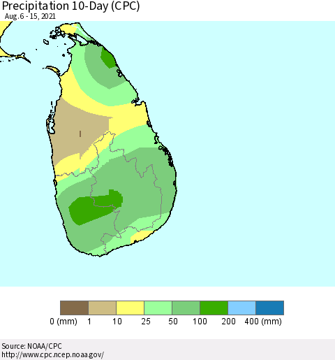 Sri Lanka Precipitation 10-Day (CPC) Thematic Map For 8/6/2021 - 8/15/2021