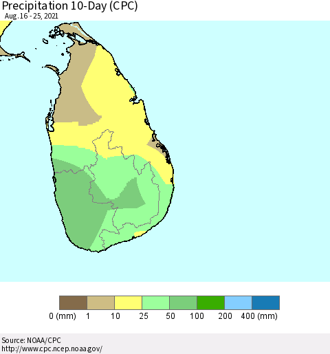 Sri Lanka Precipitation 10-Day (CPC) Thematic Map For 8/16/2021 - 8/25/2021