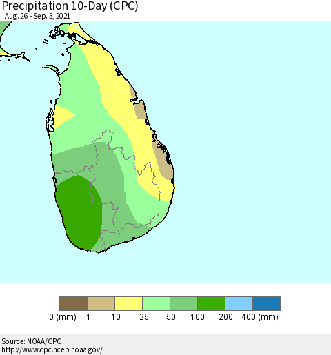 Sri Lanka Precipitation 10-Day (CPC) Thematic Map For 8/26/2021 - 9/5/2021