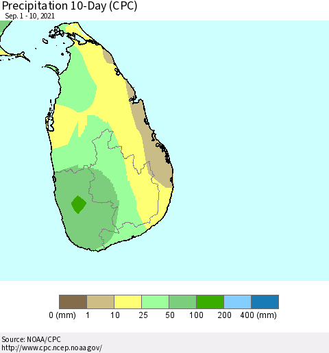 Sri Lanka Precipitation 10-Day (CPC) Thematic Map For 9/1/2021 - 9/10/2021