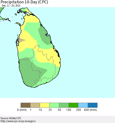 Sri Lanka Precipitation 10-Day (CPC) Thematic Map For 9/11/2021 - 9/20/2021