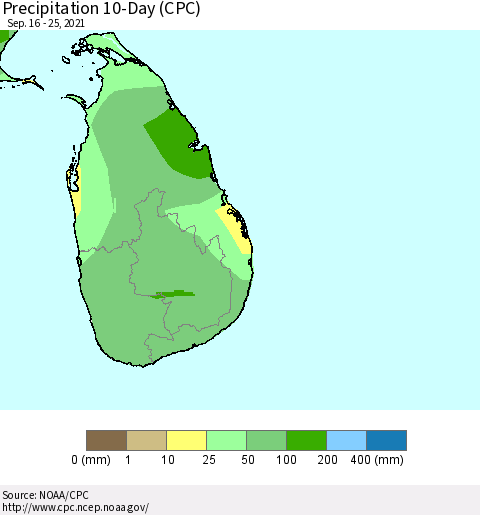 Sri Lanka Precipitation 10-Day (CPC) Thematic Map For 9/16/2021 - 9/25/2021