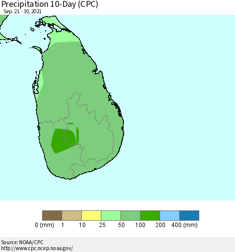 Sri Lanka Precipitation 10-Day (CPC) Thematic Map For 9/21/2021 - 9/30/2021