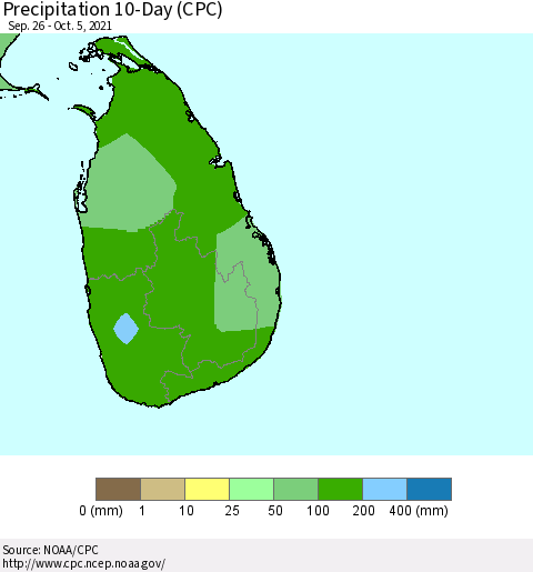 Sri Lanka Precipitation 10-Day (CPC) Thematic Map For 9/26/2021 - 10/5/2021