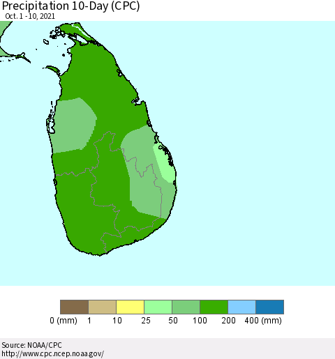 Sri Lanka Precipitation 10-Day (CPC) Thematic Map For 10/1/2021 - 10/10/2021