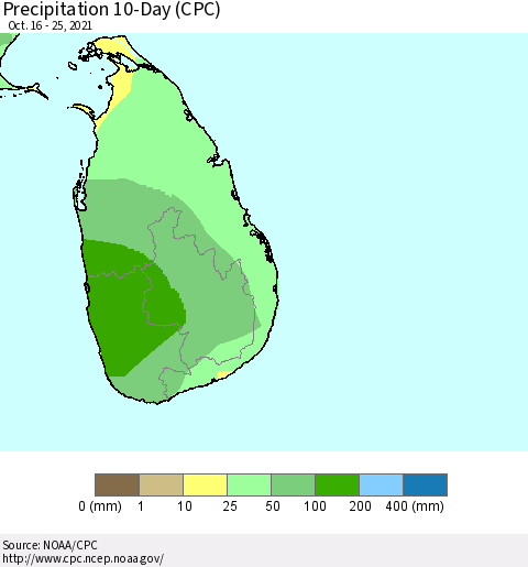 Sri Lanka Precipitation 10-Day (CPC) Thematic Map For 10/16/2021 - 10/25/2021