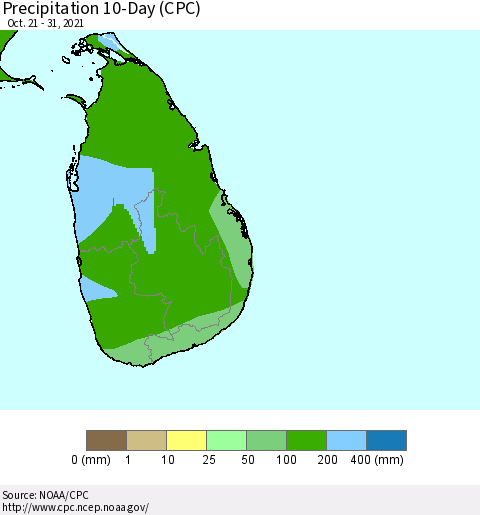Sri Lanka Precipitation 10-Day (CPC) Thematic Map For 10/21/2021 - 10/31/2021
