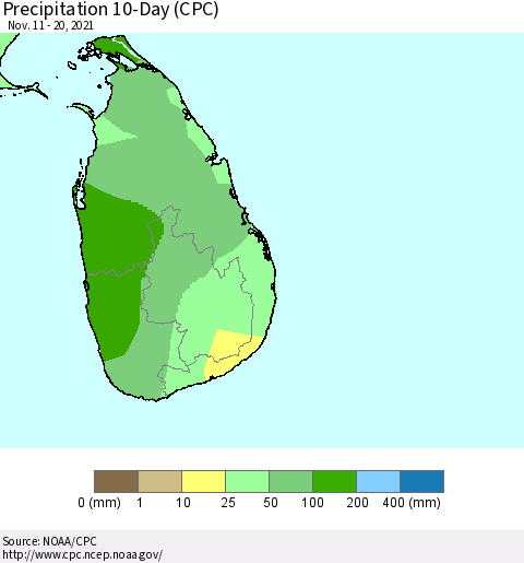 Sri Lanka Precipitation 10-Day (CPC) Thematic Map For 11/11/2021 - 11/20/2021