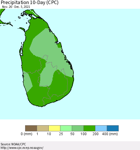 Sri Lanka Precipitation 10-Day (CPC) Thematic Map For 11/26/2021 - 12/5/2021