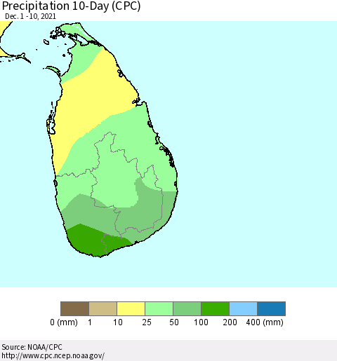 Sri Lanka Precipitation 10-Day (CPC) Thematic Map For 12/1/2021 - 12/10/2021