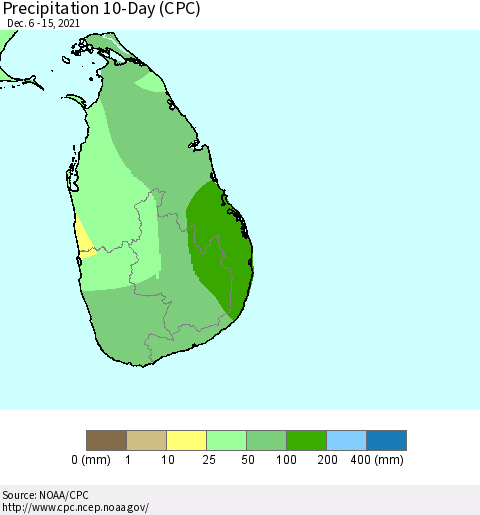 Sri Lanka Precipitation 10-Day (CPC) Thematic Map For 12/6/2021 - 12/15/2021