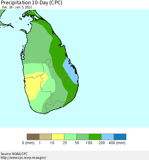 Sri Lanka Precipitation 10-Day (CPC) Thematic Map For 12/26/2021 - 1/5/2022