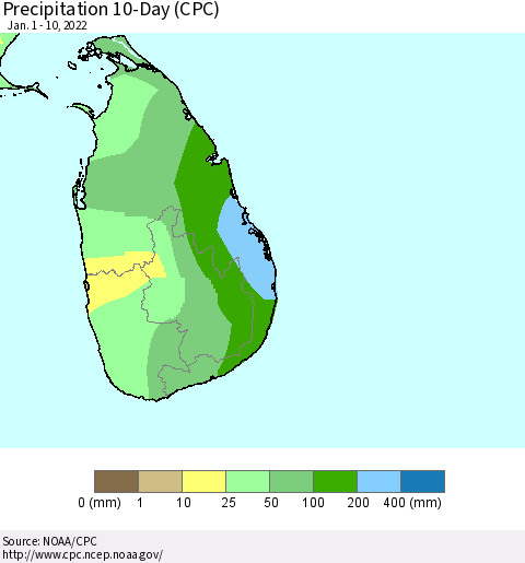 Sri Lanka Precipitation 10-Day (CPC) Thematic Map For 1/1/2022 - 1/10/2022