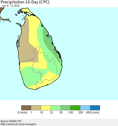Sri Lanka Precipitation 10-Day (CPC) Thematic Map For 1/6/2022 - 1/15/2022