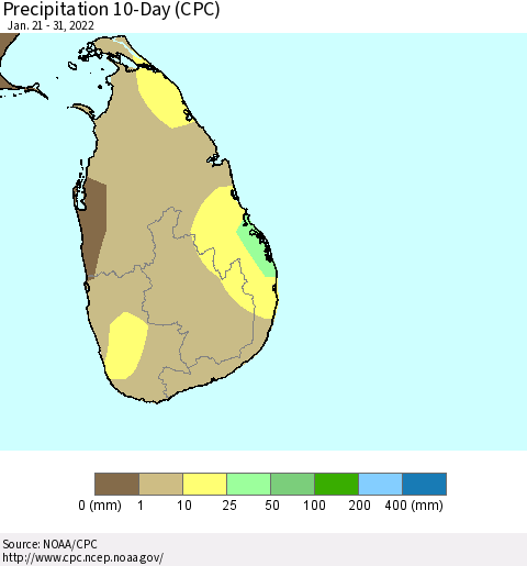 Sri Lanka Precipitation 10-Day (CPC) Thematic Map For 1/21/2022 - 1/31/2022