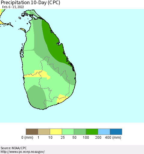 Sri Lanka Precipitation 10-Day (CPC) Thematic Map For 2/6/2022 - 2/15/2022