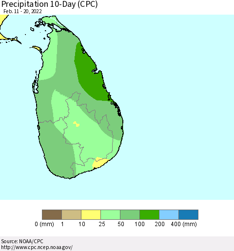 Sri Lanka Precipitation 10-Day (CPC) Thematic Map For 2/11/2022 - 2/20/2022