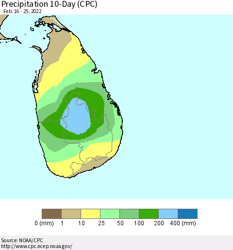 Sri Lanka Precipitation 10-Day (CPC) Thematic Map For 2/16/2022 - 2/25/2022