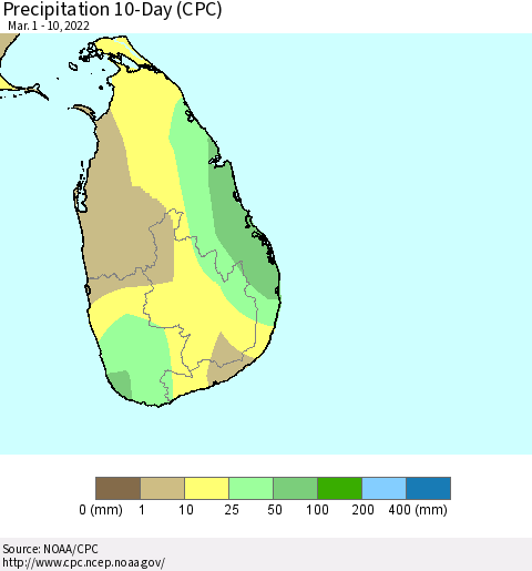 Sri Lanka Precipitation 10-Day (CPC) Thematic Map For 3/1/2022 - 3/10/2022