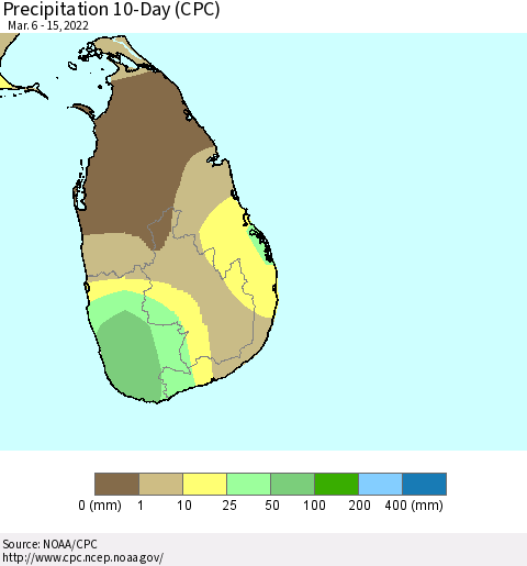 Sri Lanka Precipitation 10-Day (CPC) Thematic Map For 3/6/2022 - 3/15/2022