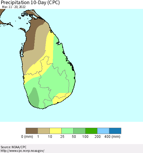 Sri Lanka Precipitation 10-Day (CPC) Thematic Map For 3/11/2022 - 3/20/2022